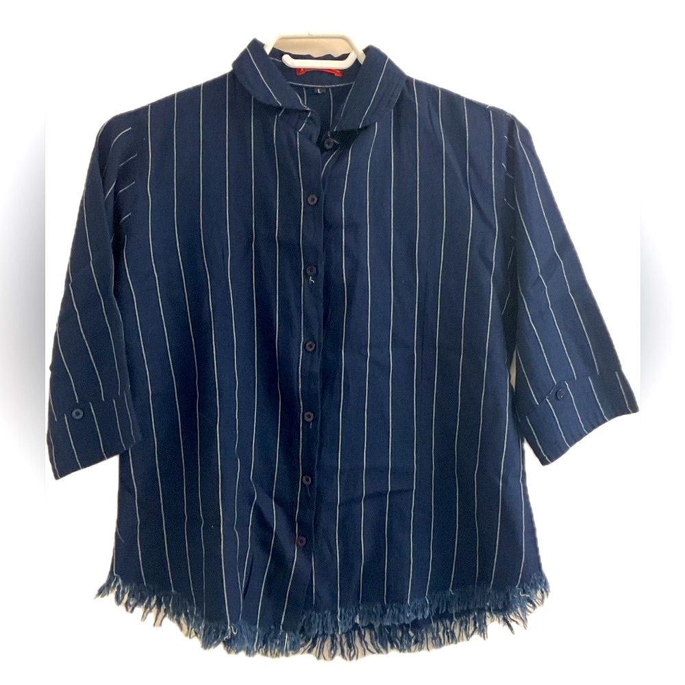 ITS Bond of Fashion Navy Blue Striped Button-Up Shirt with frills